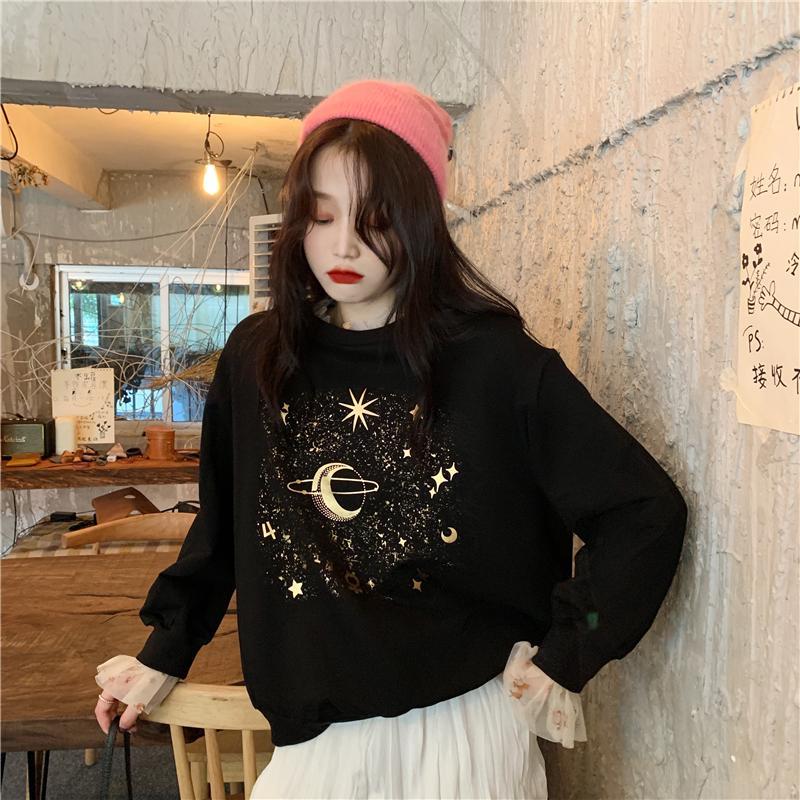 Stars And Planet Golden Aesthetic Print Black Sweatshirt