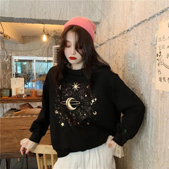 Stars And Planet Golden Aesthetic Print Black Sweatshirt