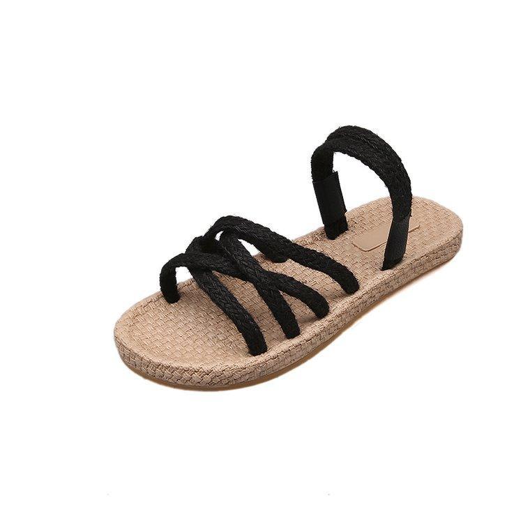 Straw Black Beige Summer Gladiator Flat Sandals