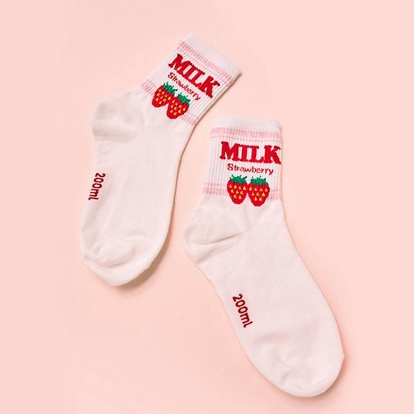 Strawberry Milk Box Cute White Pink Ankle Socks