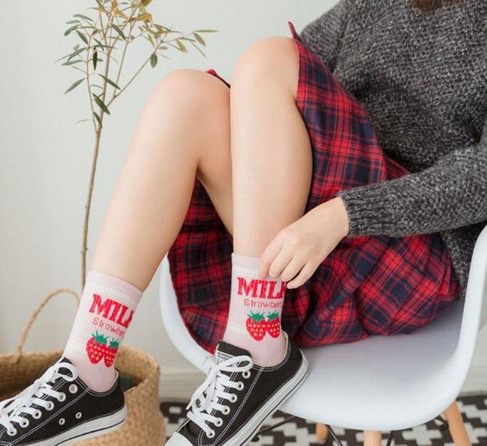 Strawberry Milk Box Cute White Pink Ankle Socks