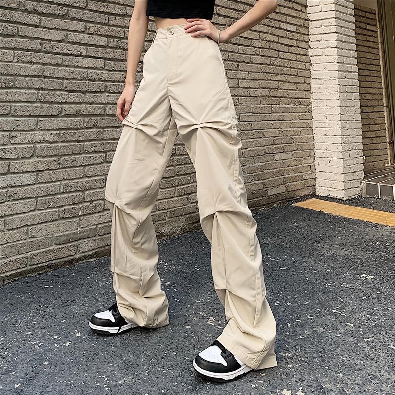 Street Fashion Pleated Beige Cargo Baggy Pants