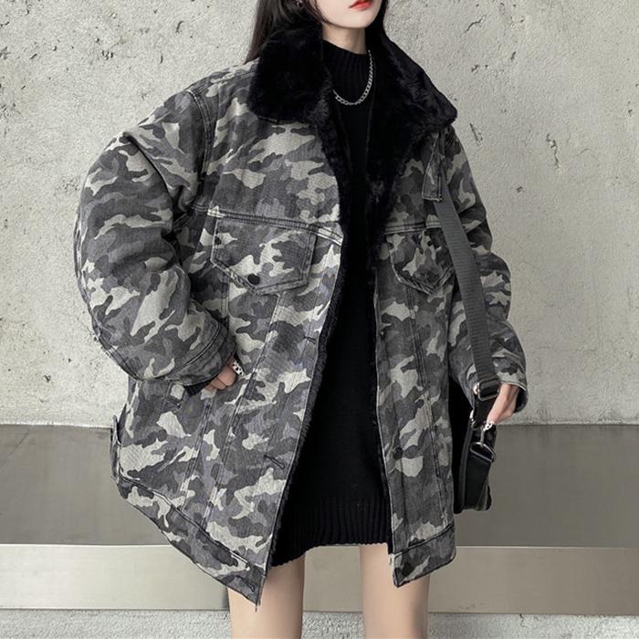 Streetwear Camouflage Fluffy Collar Denim Jacket