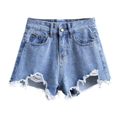 Summer Ripped Front Edge Blue Denim Jean Shorts