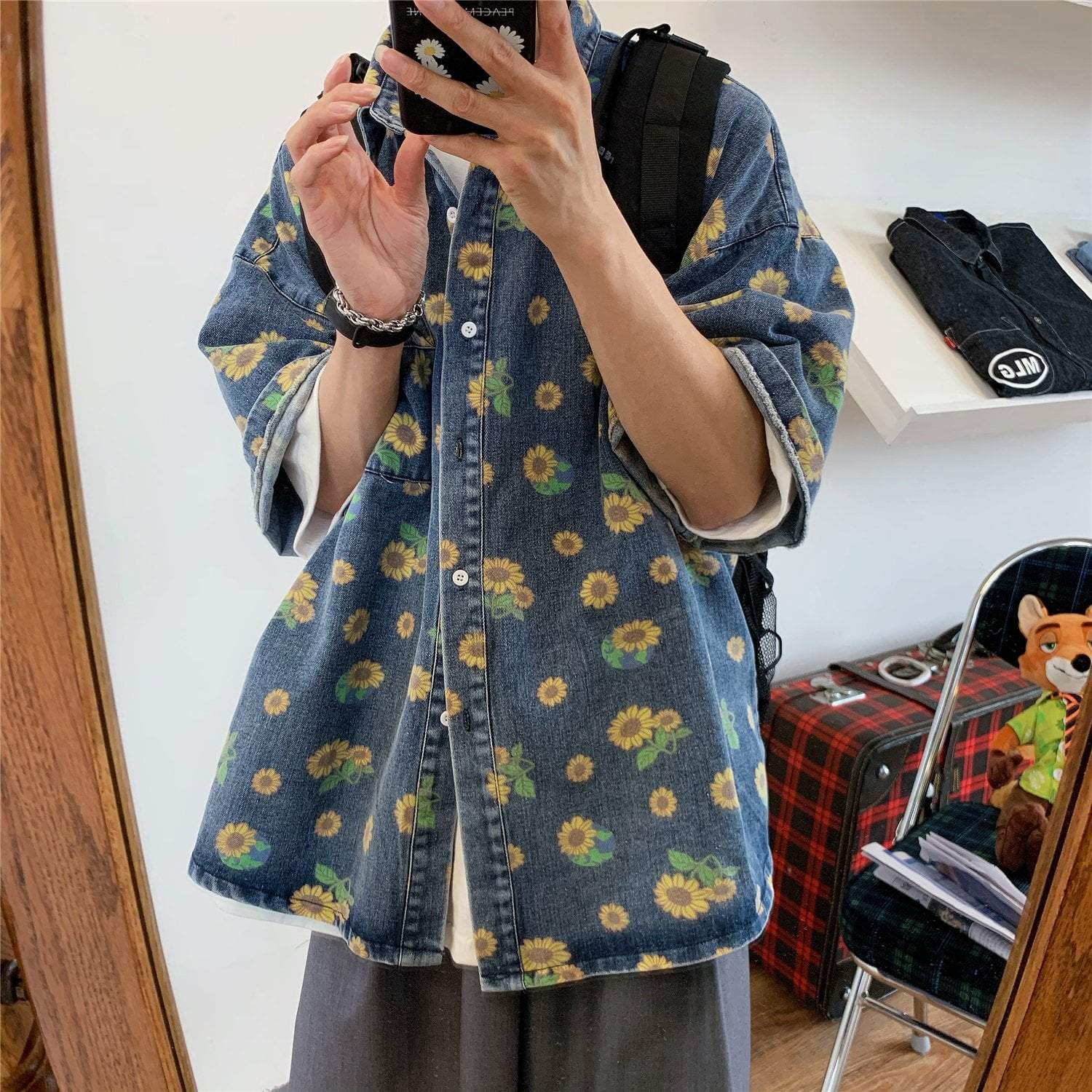 Sunflower Pattern Print Oversized Denim Blue Shirt