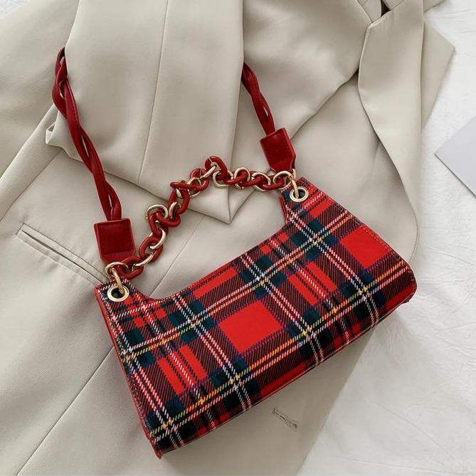 Tartan Plaid 90S Aesthetic Chain Baguette Bag