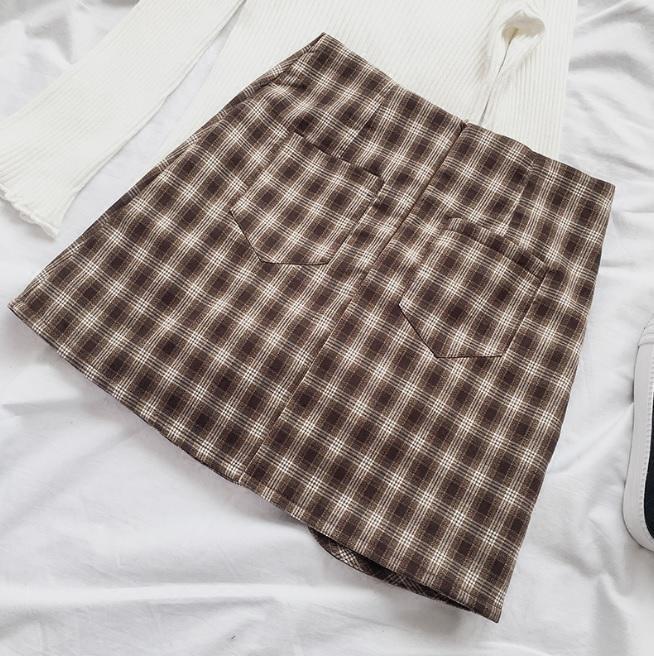 Thick Plaid Side Buttons Brown Black Skirt