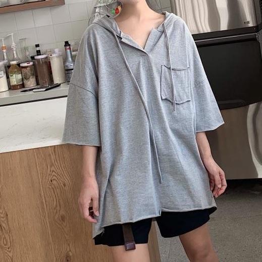 Thin Breast Pocket Oversized Long V-Neck Hoodie