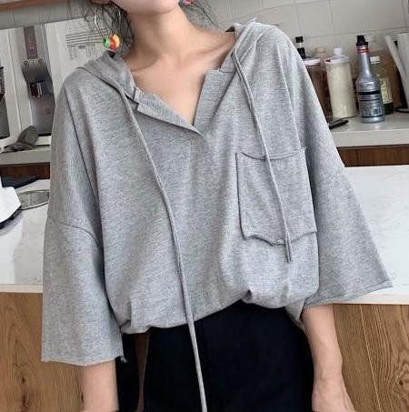 Thin Breast Pocket Oversized Long V-Neck Hoodie