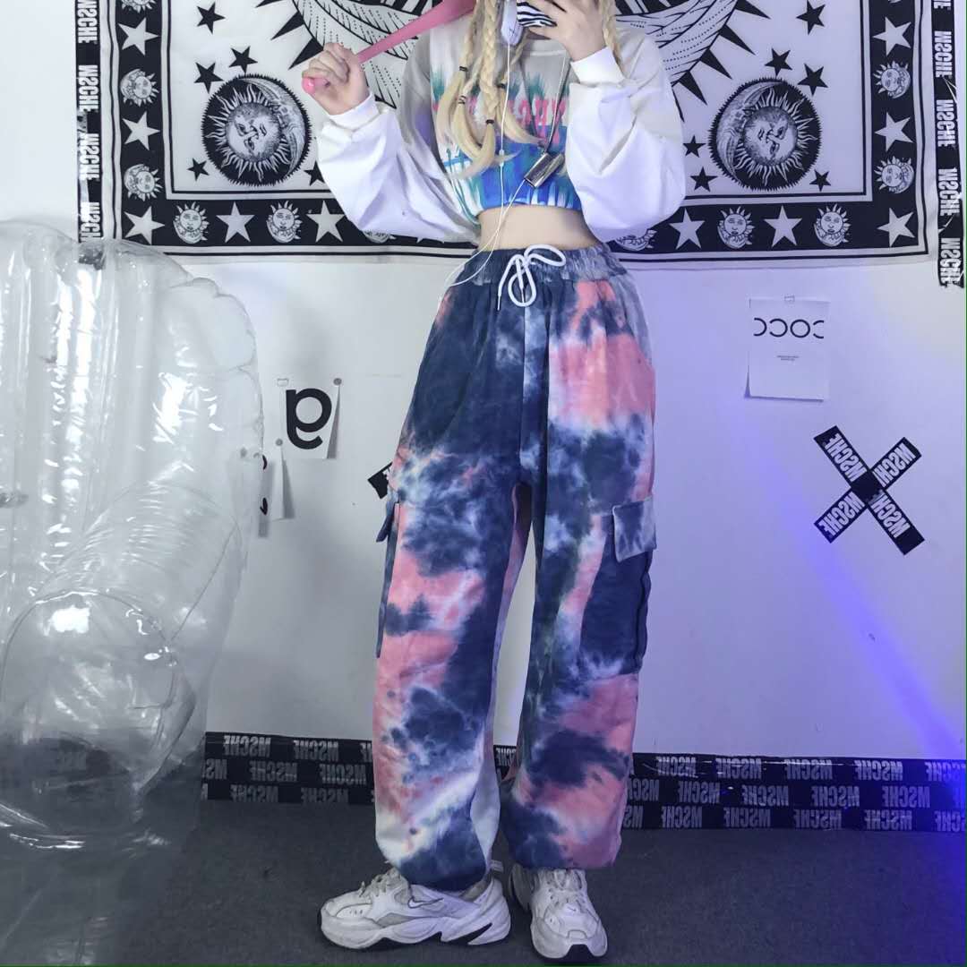 Tie Dye Elastic Waist Oversized Pants With Pockets