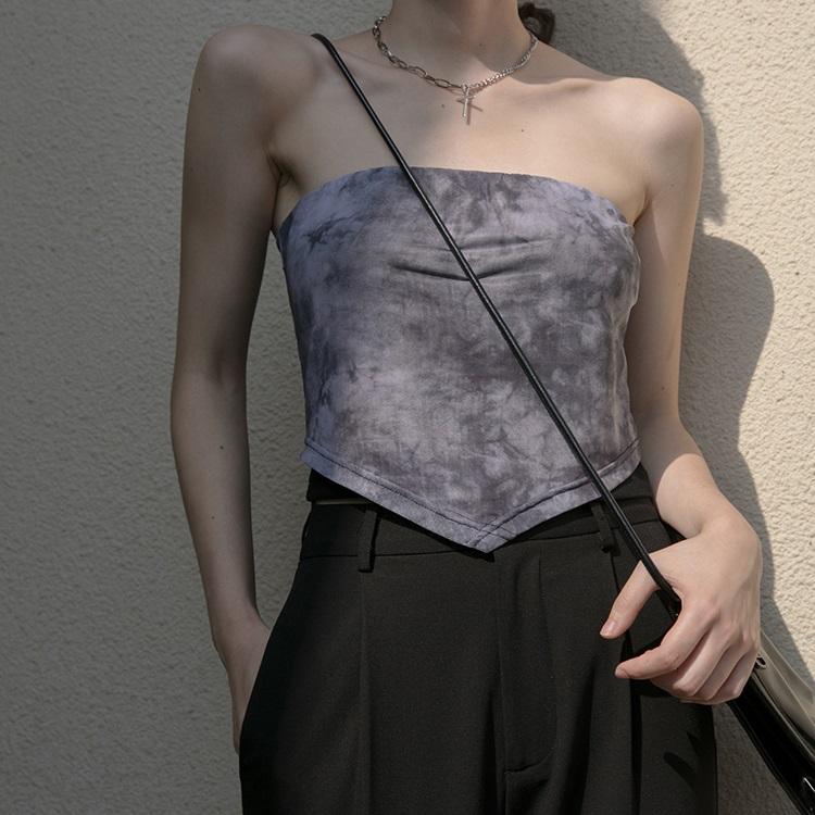 Tie Dye Gray Double Layer Mesh Tube Strapless Crop Top