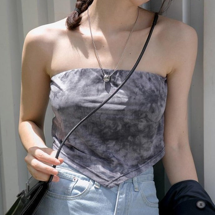 Tie Dye Gray Double Layer Mesh Tube Strapless Crop Top