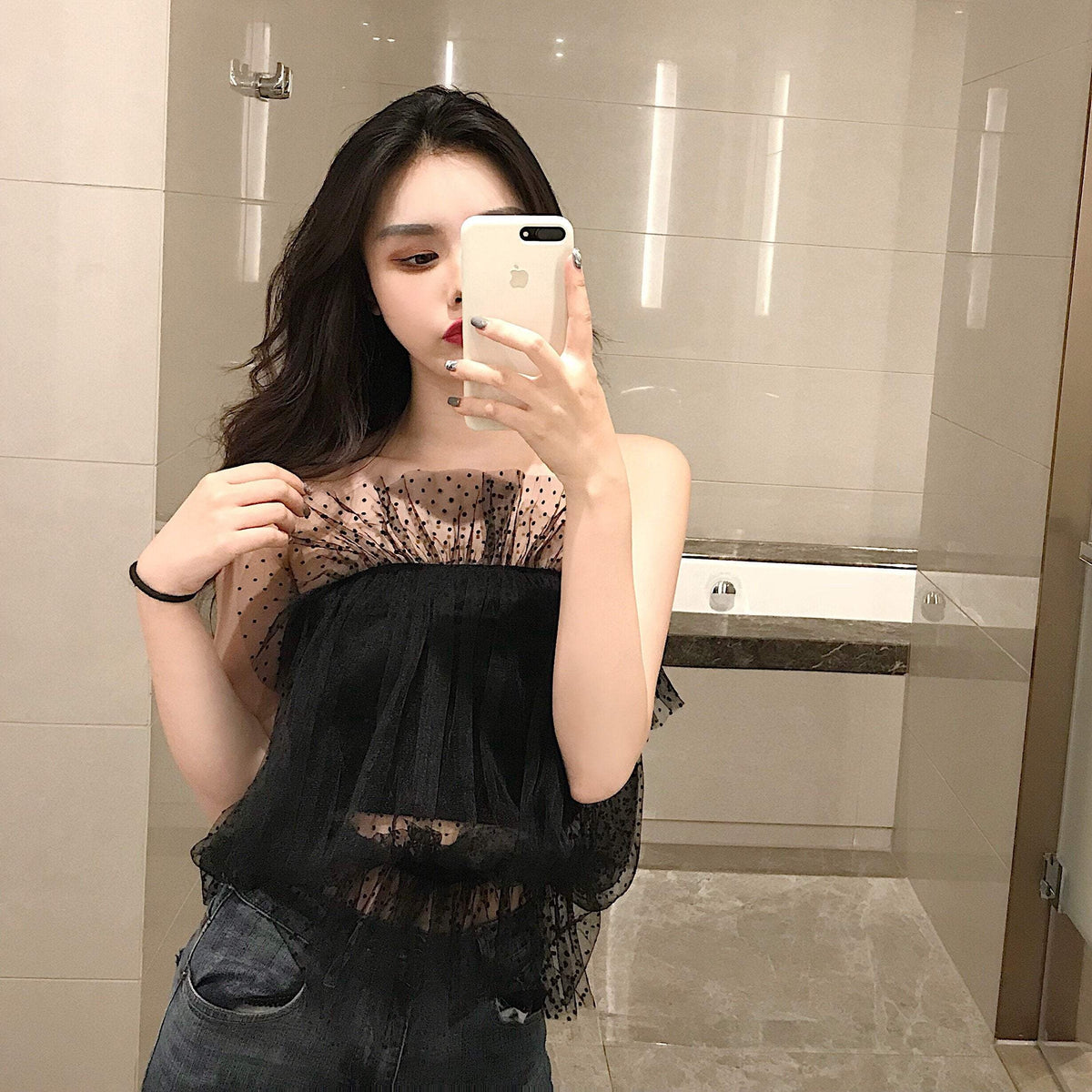 Transparent Mesh Frill Strapless Blouse