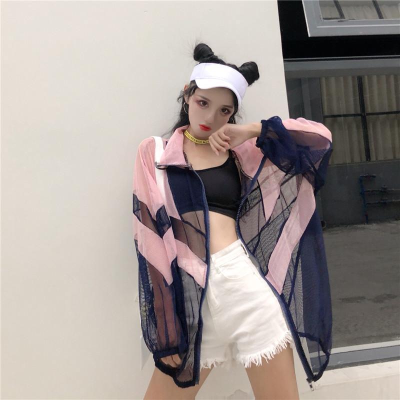 Transparent Mesh Patchwork Oversized Bomber Jacket