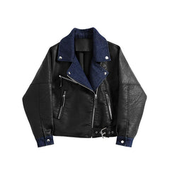 Trendy Pu Leather Denim Motorcycle Outwear Jacket