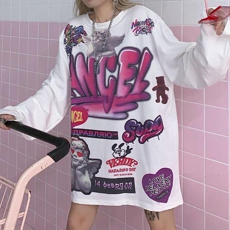 Tumblr Ästhetischer Engel-Print Langärmliges lockeres T-Shirt 