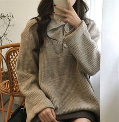 Turn Down Collar Two Buttons Knitted Sweater