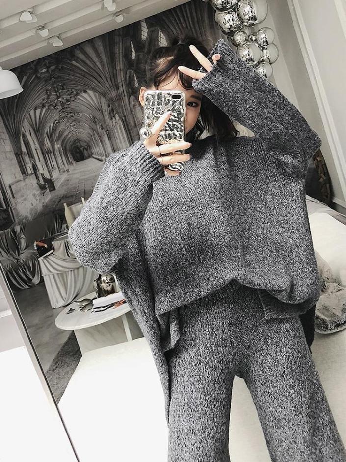 Turtle Neck High Collar Knitted Sweater + Pants Set