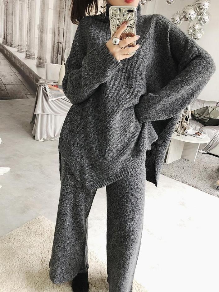 Turtle Neck High Collar Knitted Sweater + Pants Set