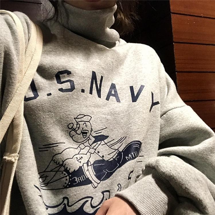 Us Navy Popeye Gray High Collar Sweatshirt