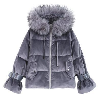 Velvet Faux Fur Hood Pink Gray Puff Padded Outwear Jacket