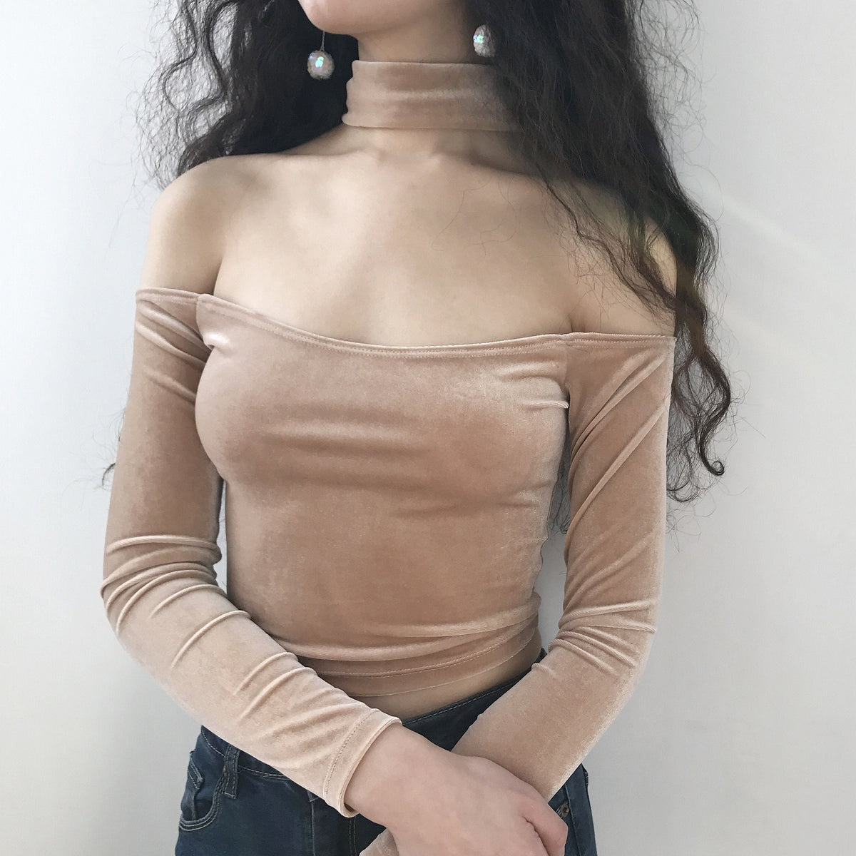 Velvet Open Shoulder Choker Long Sleeve Slim Top Blouse