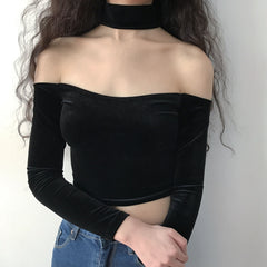 Velvet Open Shoulder Choker Long Sleeve Slim Top Blouse