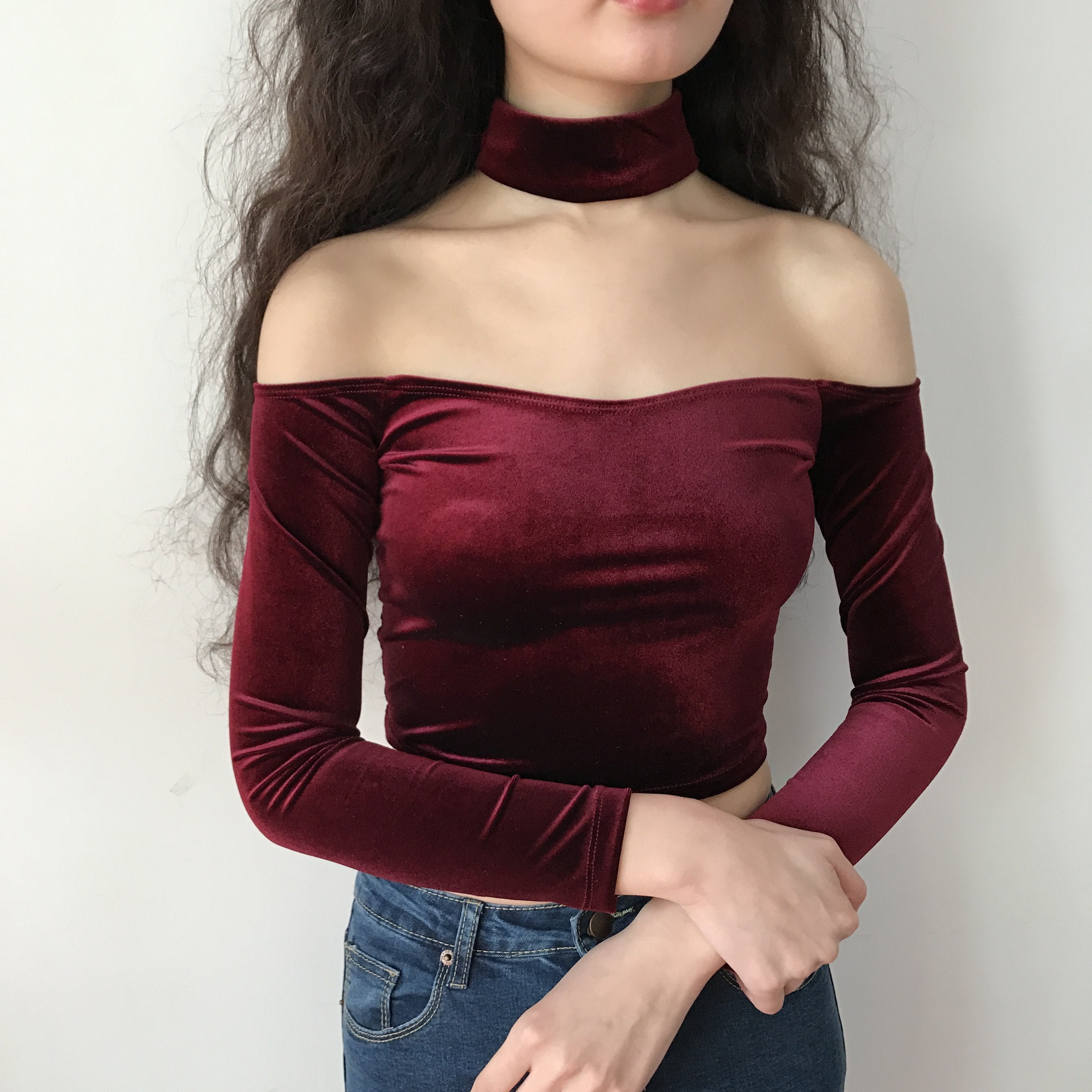 Velvet Open Shoulder Choker Long Sleeve Slim Top Blouse