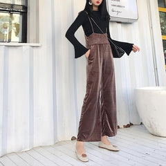 Velvet Shiny Long Jumpsuit Strappy Volume Pants