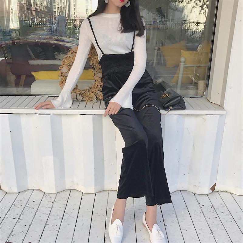 Velvet Shiny Long Jumpsuit Strappy Volume Pants