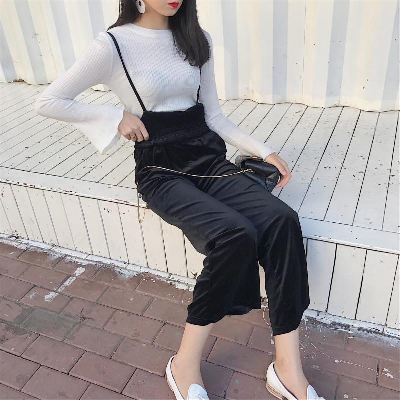 Velvet Shiny Long Jumpsuit Strappy Volume Pants