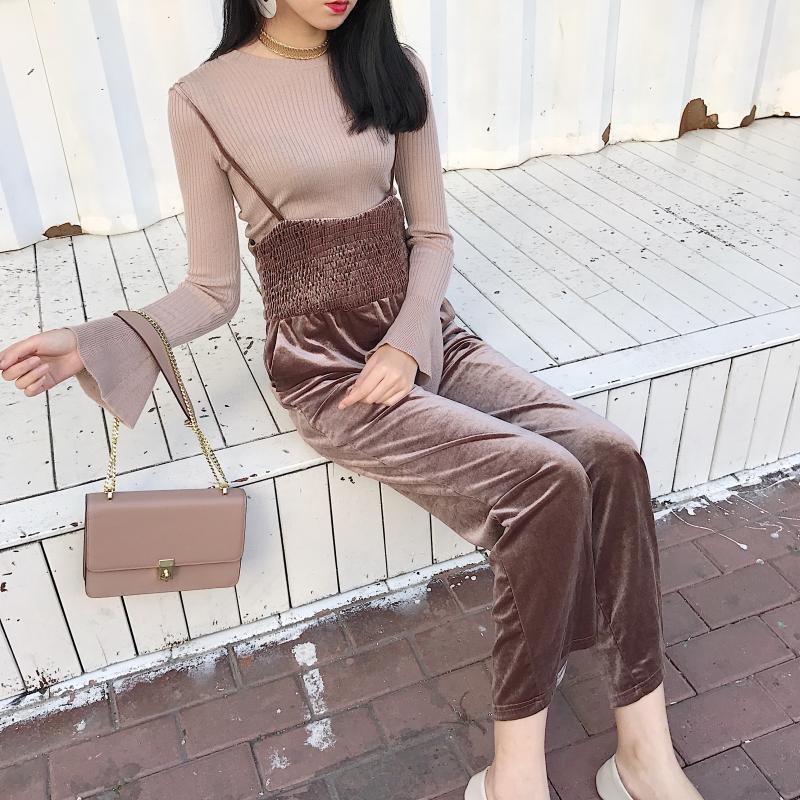 Velvet Shiny Long Jumpsuit Strappy Volume Pants