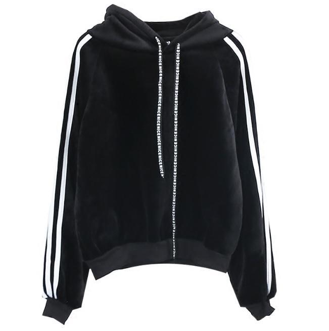 Velvet Warm Soft Black Khaki Side Sport Lines Hoodie