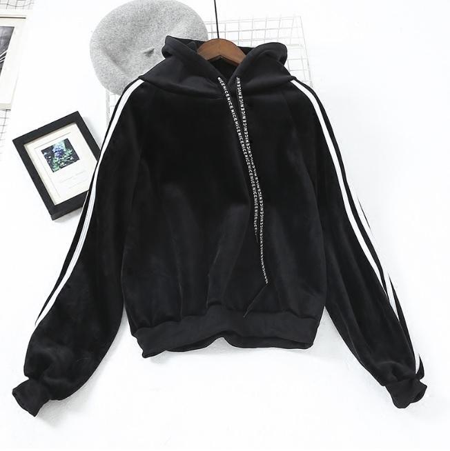 Velvet Warm Soft Black Khaki Side Sport Lines Hoodie