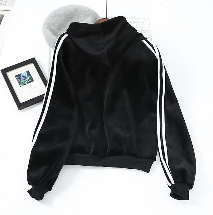 Velvet Warm Soft Black Khaki Side Sport Lines Hoodie