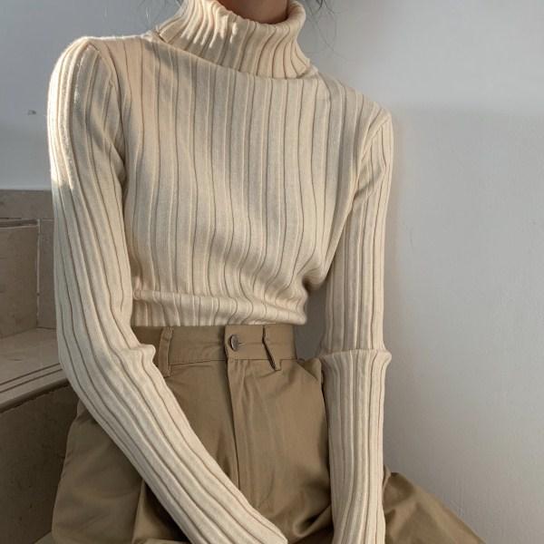 Vintage Aesthetic High Collar Slim Ribbed Jumper