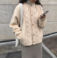 Vintage Ästhetischer Strickzöpfe Warmer Strickjackenpullover 