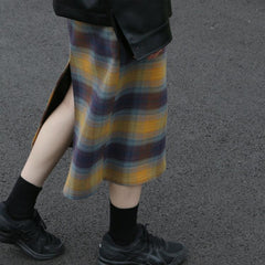 Vintage Aesthetic Plaid High Waist Straight Midi Skirt