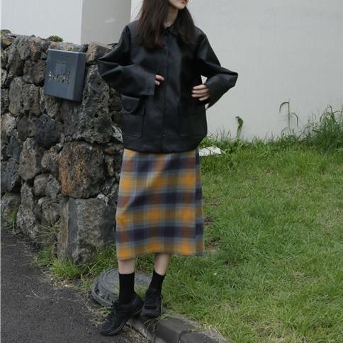 Vintage Aesthetic Plaid High Waist Straight Midi Skirt