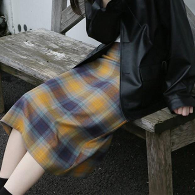 Vintage Aesthetic Plaid High Waist Straight Midi Skirt