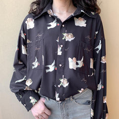 Vintage Angels Print Chiffon Collar Long Sleeve Blouse