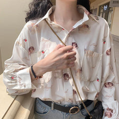 Blusa de gasa de manga larga con cuello y estampado de ángeles vintage 