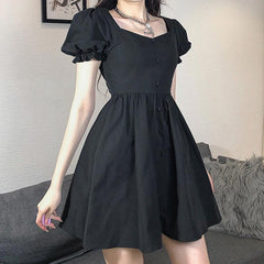 Vintage Black Lantern Sleeve Button Up Mini Dress