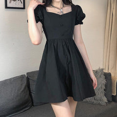 Vintage Black Lantern Sleeve Button Up Mini Dress