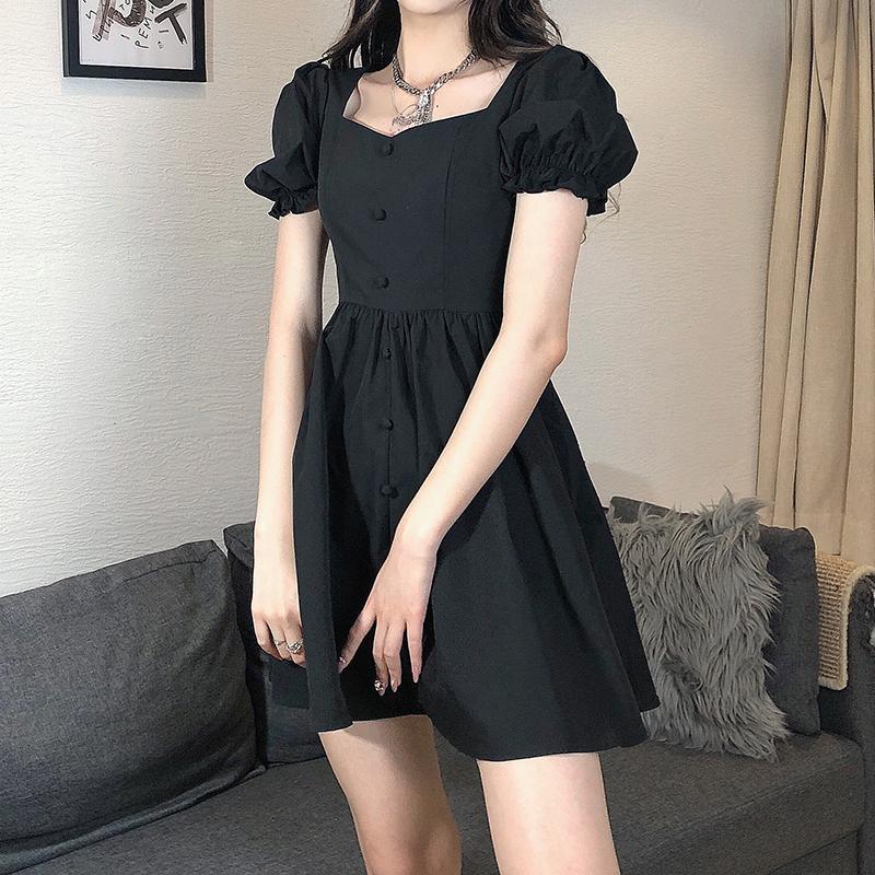 Vintage Black Lantern Sleeve Button Up Mini Dress