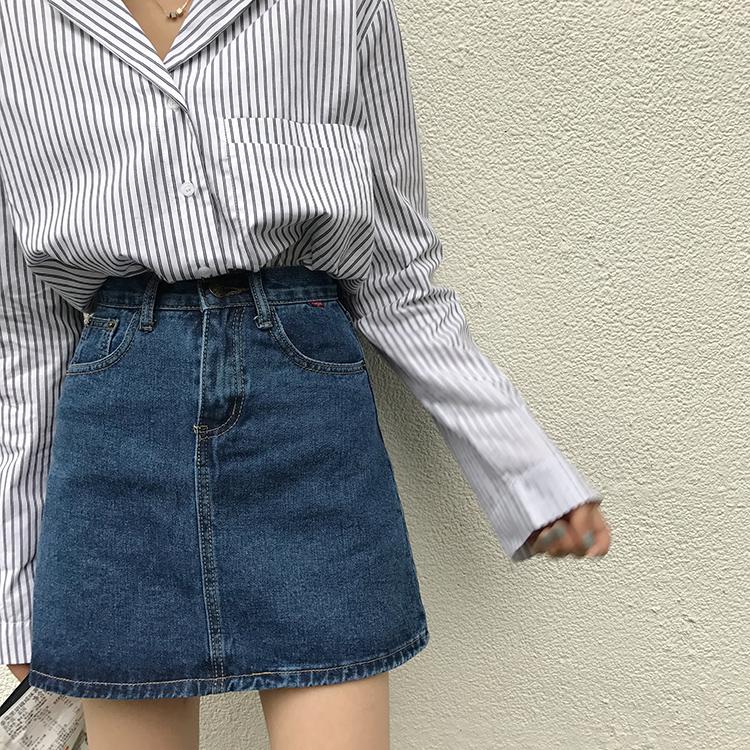 Vintage Black Navy Blue Denim High Waist Mini Skirt