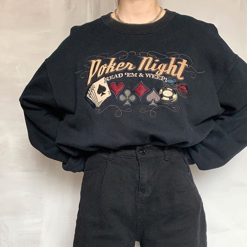 Vintage Black Poker Night Embroidery Loose Sweatshirt