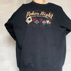 Vintage Black Poker Night Embroidery Loose Sweatshirt