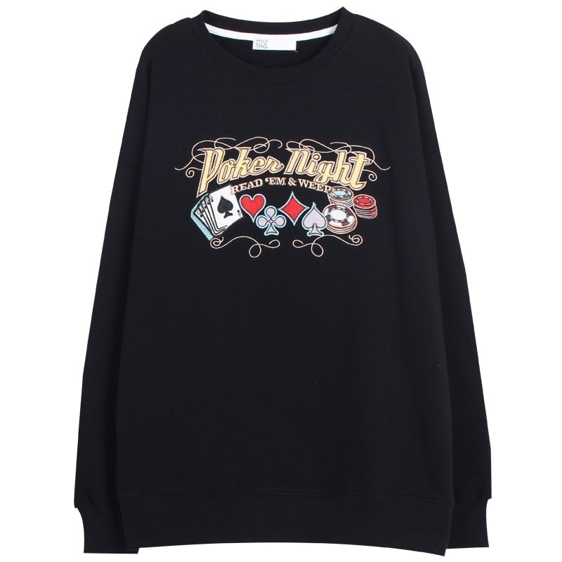 Vintage Black Poker Night Embroidery Loose Sweatshirt