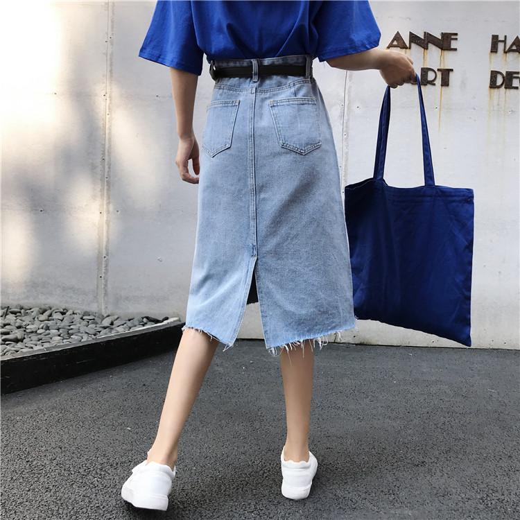 Vintage Blue Black Denim High Waist Ripped Midi Skirt